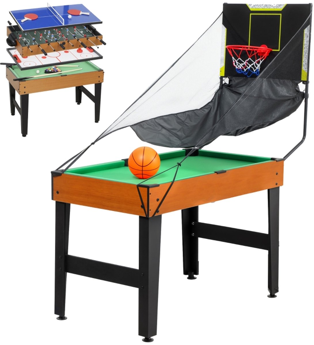 REDOM - Multispel tafel - 5-in-1 met verwisselbare speelvlakken - Tafelvoetbal, tafelhockey, tafeltennis, biljart en basketbal - MDF - Walnoot - 134 x 108 x 144 cm