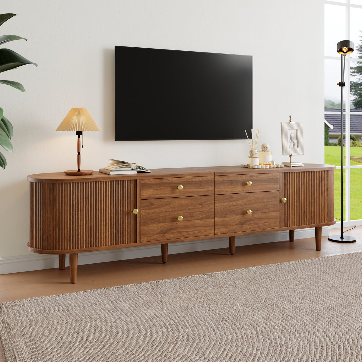 TV Meubel Met Schuifdeuren En 4 Laden - Ronde Hoeken En Houten Poten - Walnoot - 180x35x50 Cm