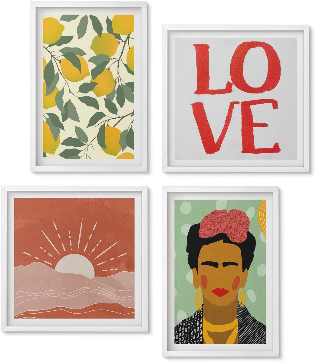 Wallfluent 4-Delige Schilderij Set - Citroenen Liefde Inscriptie Landschap Portret Van Frida Kahlo - 40 x 40 En 40 x 60 - Muurdecoratie - Wanddecoratie - Slaapkamer - Moderne Wanddecoratie