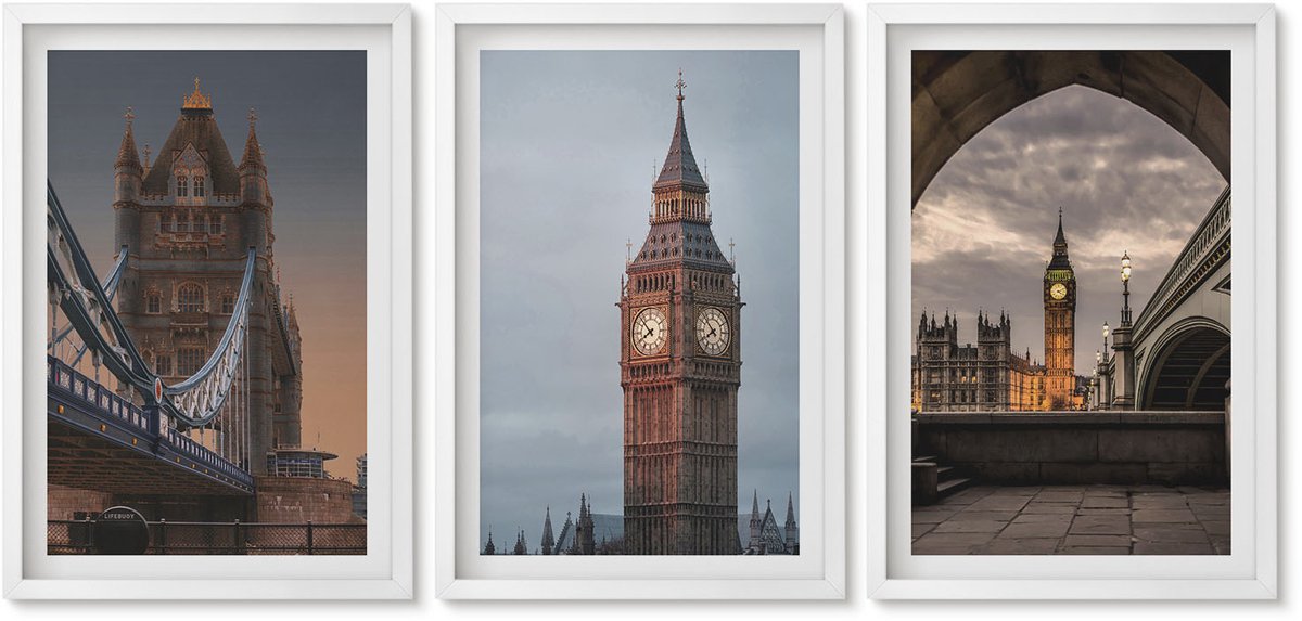 Wallfluent 3-Delige Schilderij Set - Uitzicht Op Londen Met De Brug En De Big Ben. - 40 x 60 - Muurdecoratie - Decoratieve Schilderijen - Wohnzimmer - Woonkamer Decoratie