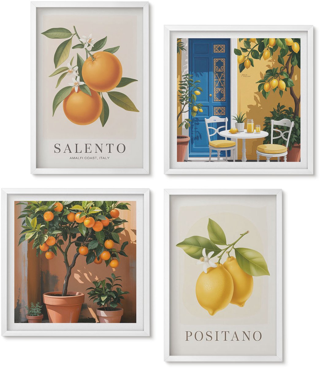 Wallfluent 4-Delige Schilderij Set - Citroenen Sinaasappelen Italiaanse Amalfikust Stad - 40 x 40 En 40 x 60 - Stijlvolle Wanddecoratie - Interieur - Stijlvolle Muurdecoratie