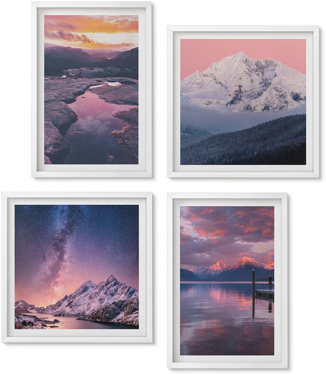 Wallfluent 4-Delige Schilderij Set - Bergen En Water In Prachtige Natuurlijke Landschappen - 40 x 40 En 40 x 60 - Wanddecoratie - Schilderijen Set - Kantoor - Decoratieve Schilderijen