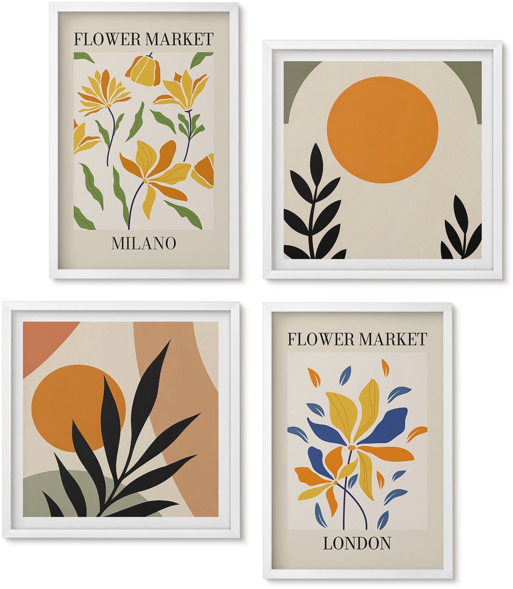 Wallfluent 4-Delige Schilderij Set - Bloemenposters Parijs Milaan Londen - 40 x 40 En 40 x 60 - Muurdecoratie - Wanddecoratie - Slaapkamer