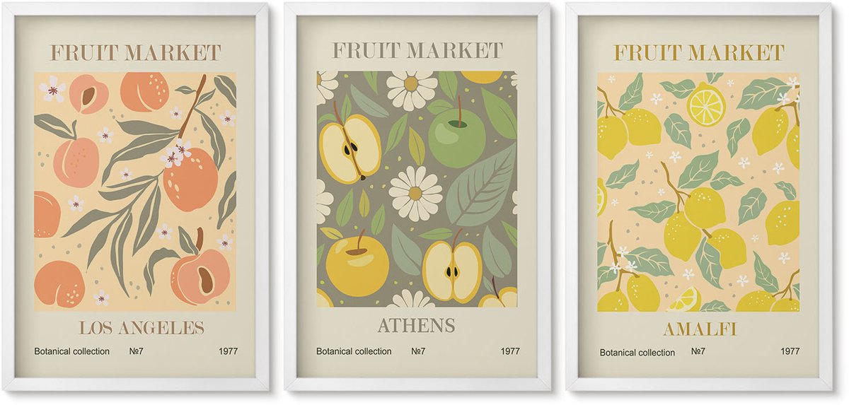 Wallfluent 3-Delige Schilderij Set - Posters Met Fruitmotieven In Retrostijl - 40 x 60 - Stijlvolle Muurdecoratie - Kantoor - Decoratieve Schilderijen