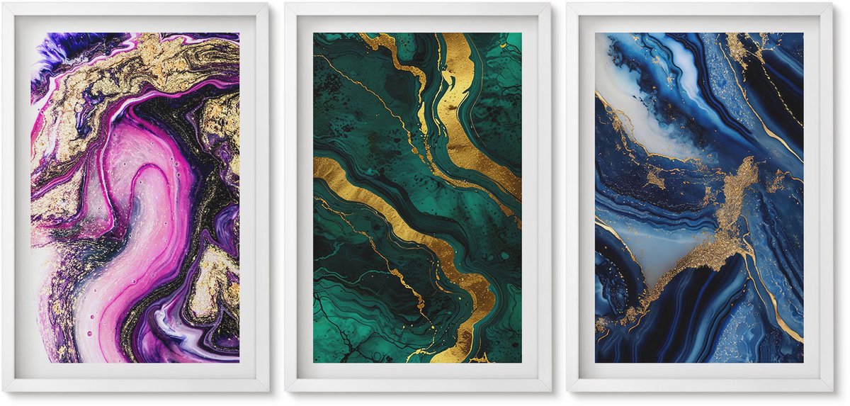 Wallfluent 3-Delige Schilderij Set - Abstracte Patronen In Tinten Roze, Groen En Blauw. - 40 x 60 - Wanddecoratie - Muurdecoratie - Moderne Interieurdecoratie