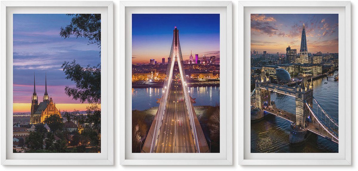 Wallfluent 3-Delige Schilderij Set - Stadsgezichten Met Bruggen En Zonsondergangen - 40 x 60 - Wanddecoratie - Schilderijen Set - Kantoor - Woonkamer Decoratie