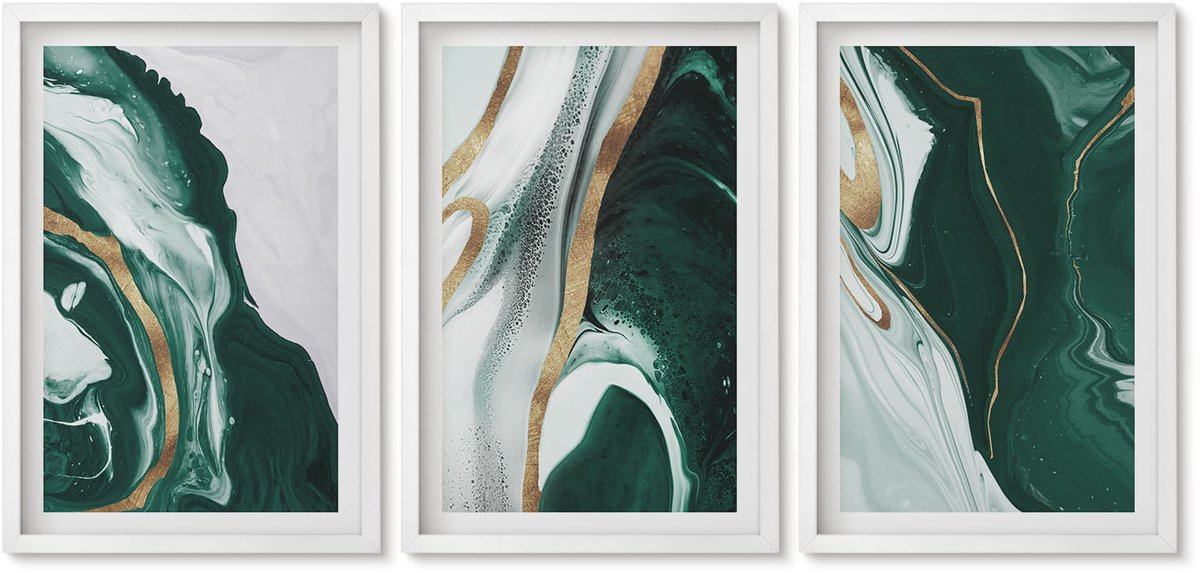 Wallfluent 3-Delige Schilderij Set - Abstracte Verfpatronen In Groen En Wit - 40 x 60 - Moderne Wanddecoratie - Woonkamer - Stijlvolle Muurdecoratie