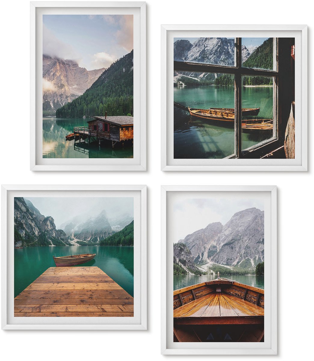Wallfluent 4-Delige Schilderij Set - Berglandschap, Houten Huisje, Steiger En Boten - 40 x 40 En 40 x 60 - Wanddecoratie - Muurdecoratie - Woonkamer - Moderne Wanddecoratie