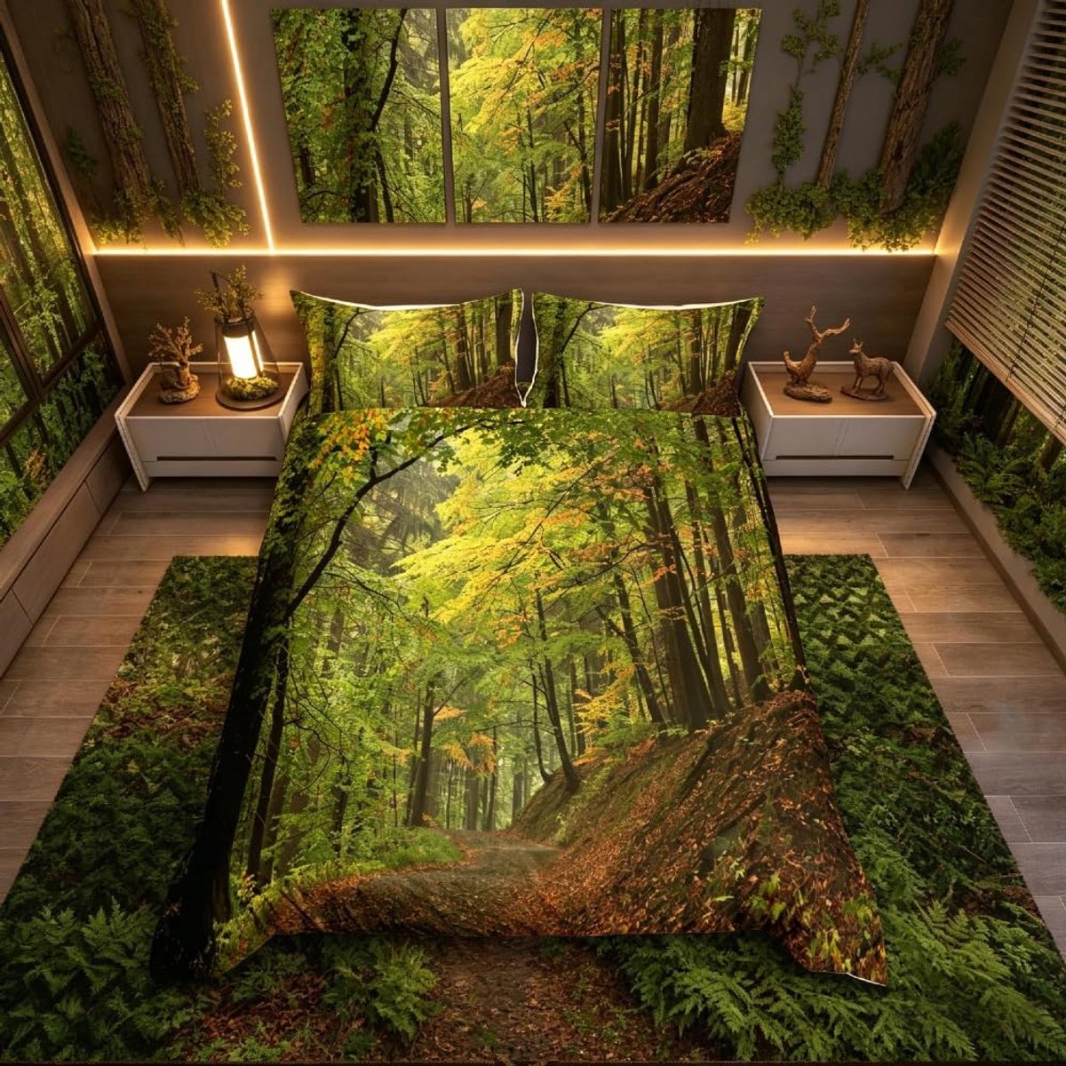 Famanu Kingsize beddengoedset, herfst bos dekbedovertrek met bomen en mistige print, set met 2 kussenslopen, zachte microvezel, 3-delig en lichtgewicht Zwart