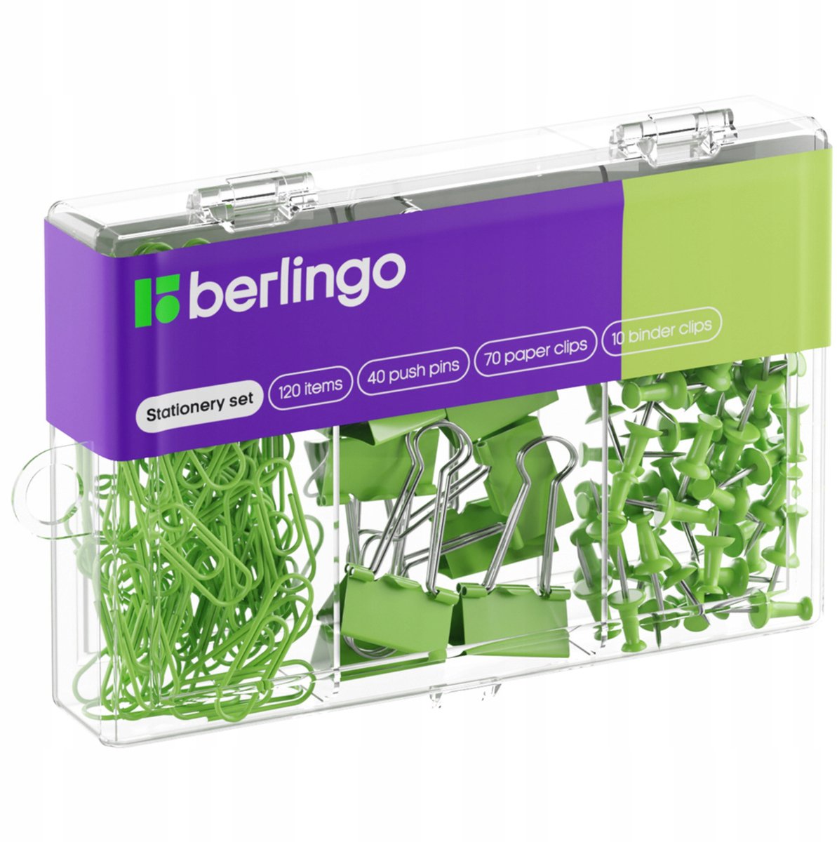 Groene Kantoorbenodigdheden Set: 70 Paperclips, 40 Punaises, 10 Clips