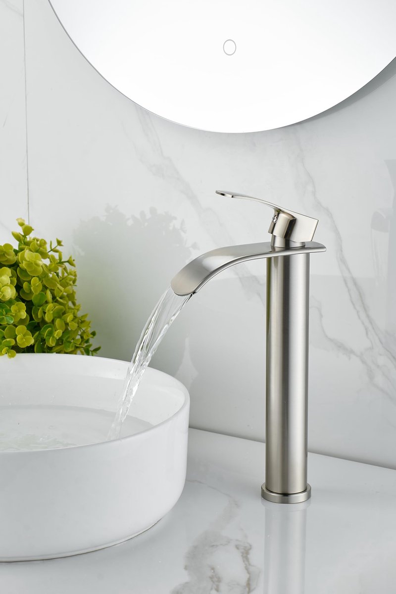 Wastafelkraan hoog: Kraan Badkamer Waterval, Eengreepsmengkraan voor Koud en Warm Geborsteld Nikkel - ShopVlot