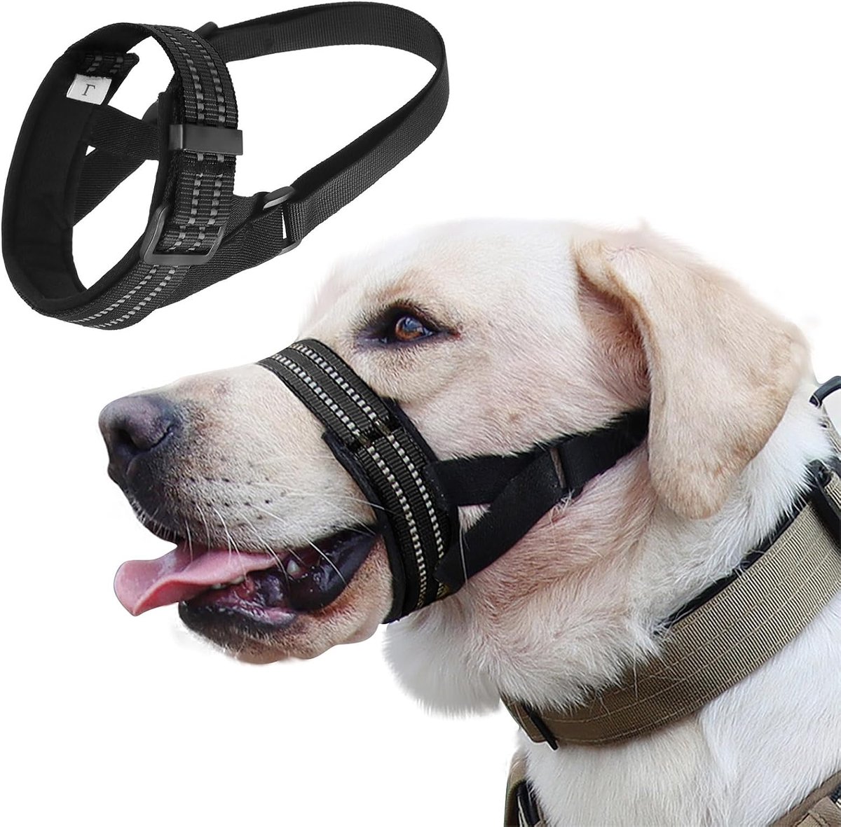 Ulisem - Hondenmuilkorf - Muilkorf voor Middelgrote en Grote Honden - Verstelbare Hondenmuilband - Ademend Nylon - Reflecterend - Tegen Bijten en Kauwen - Drinkbaar - Zwart -S