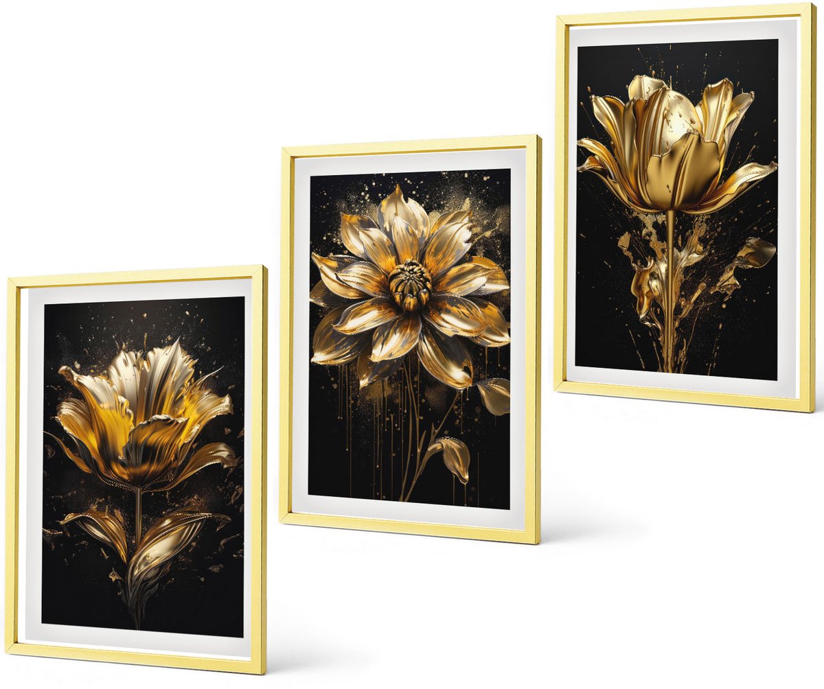 Coloray 3-Delige Schilderij Set - Abstracte Vormen Met Kleurrijke Plantmotieven - 40 x 40 cm En 40 x 60 cm - Muurdecoratie - Interieur Decoratie