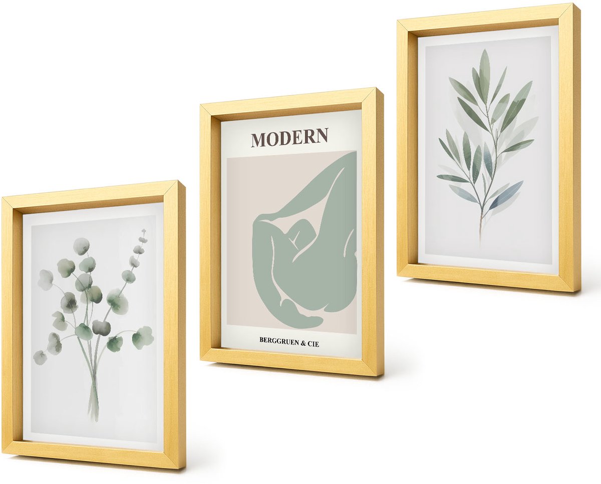 Coloray 4-Delige Schilderij Set - Plantmotieven in delicate groene tinten - 20 x 30 cm - Wanddecoratie - Schilderijen Set - Kantoor