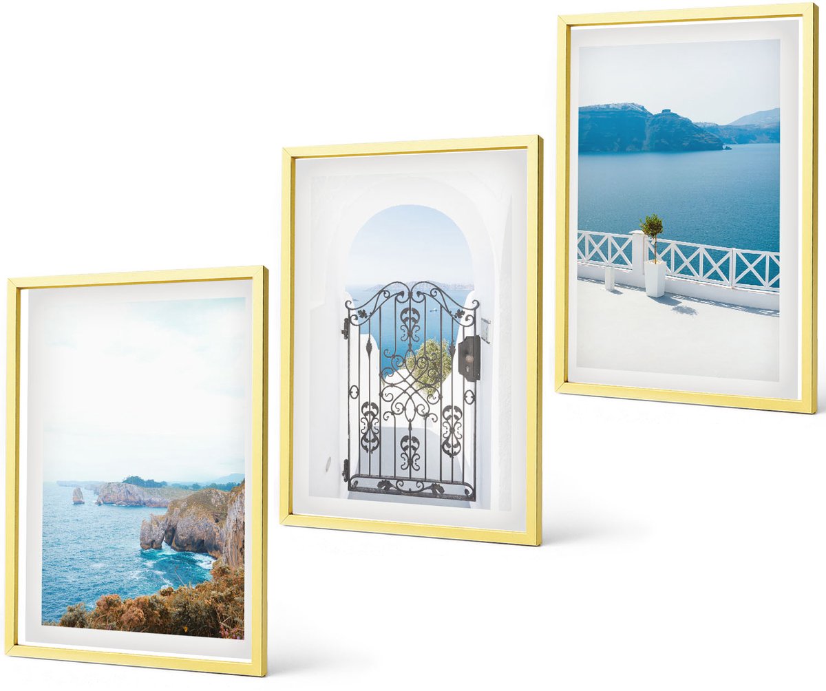 Coloray 3-Delige Schilderij Set - Zeezicht Met Griekse Architectuur - 40 x 40 cm En 40 x 60 cm - Muurdecoratie - Decoratieve Schilderijen - Wohnzimmer - Moderne Wanddecoratie