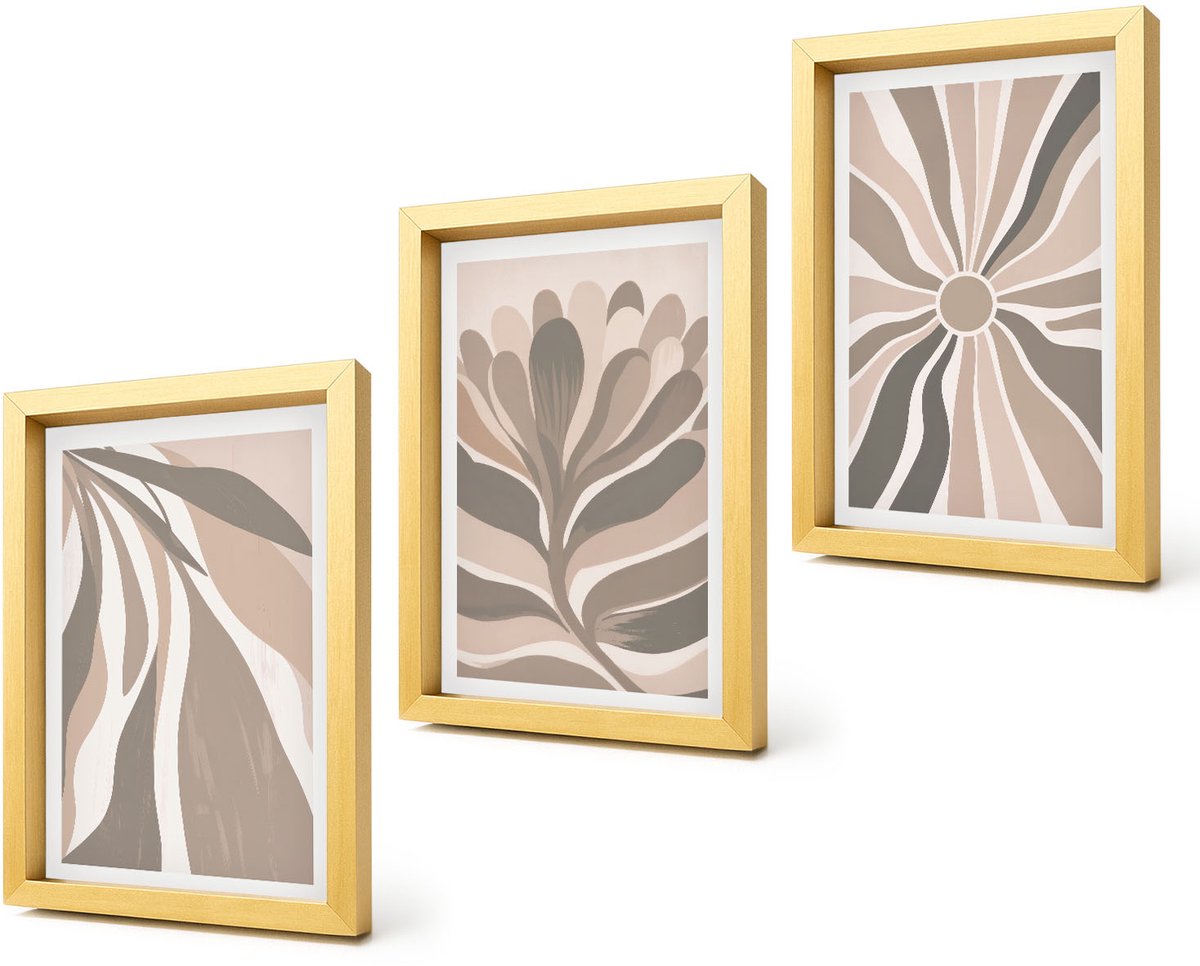 Coloray 4-Delige Schilderij Set - Abstracte plantpatronen in beige en bruine tinten. - 20 x 30 cm - Wanddecoratie - Muurdecoratie - Moderne Interieurdecoratie - Woonkamer Decoratie