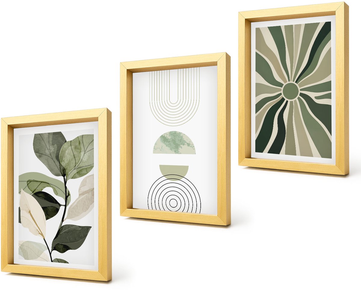 Coloray 4-Delige Schilderij Set - Plantmotieven met geometrische vormen in groen - 20 x 30 cm - Decoratieve Muurdecoratie - Slaapkamer - Stijlvolle Muurdecoratie