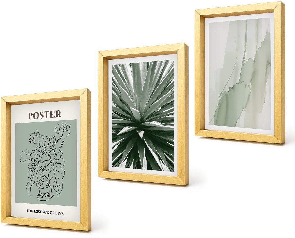 Coloray 4-Delige Schilderij Set - Plantenpatronen in tinten groen en beige - 20 x 30 cm - Muurdecoratie - Wanddecoratie - Slaapkamer