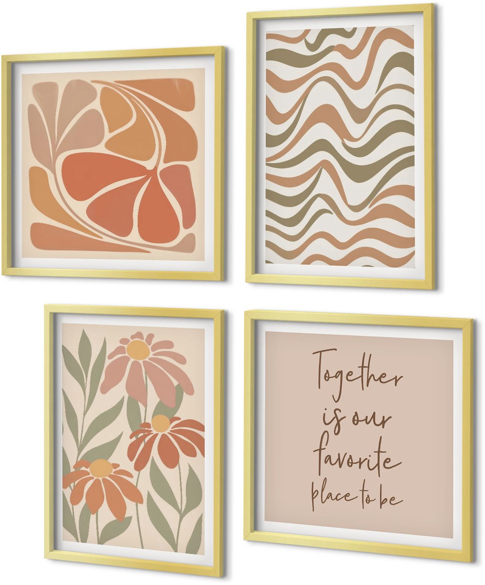 Coloray 4-Delige Schilderij Set - Pastelkleurige bloemen en abstracte patronen - 40 x 40 cm en 40 x 60 cm - Decoratieve Schilderijen - Wanddecoratie - Hal - Stijlvolle Muurdecoratie