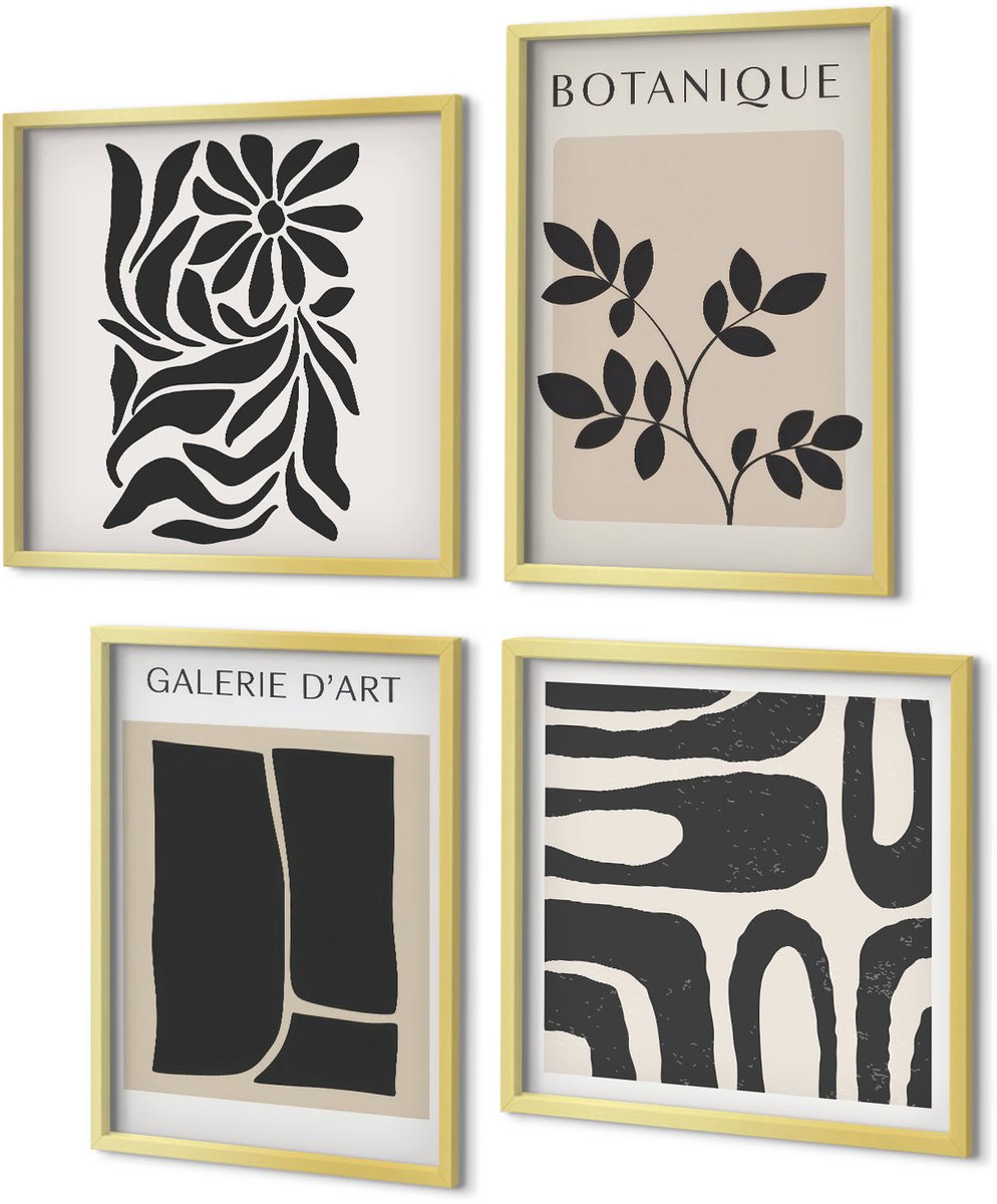 Coloray 4-Delige Schilderij Set - Abstracte bloemenpatronen en geometrische vormen - 40 x 40 cm en 40 x 60 cm - Muurdecoratie - Decoratieve Schilderijen - Wohnzimmer - Interieur Decoratie