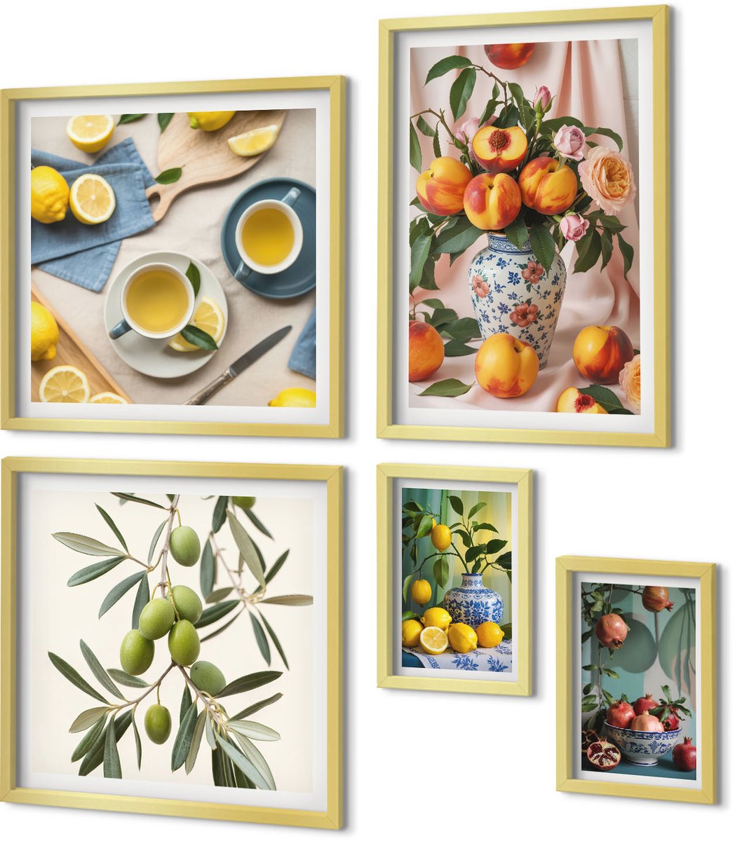 Coloray 5-Delige Schilderij Set - Fruit En Bloemen In Een Rustieke Stijl Voor Interieurdecoratie - 50 x 50 cm, 20 x 30 cm En 40 x 60 cm - Muurdecoratie - Wanddecoratie - Hal - Decoratieve Schilderijen