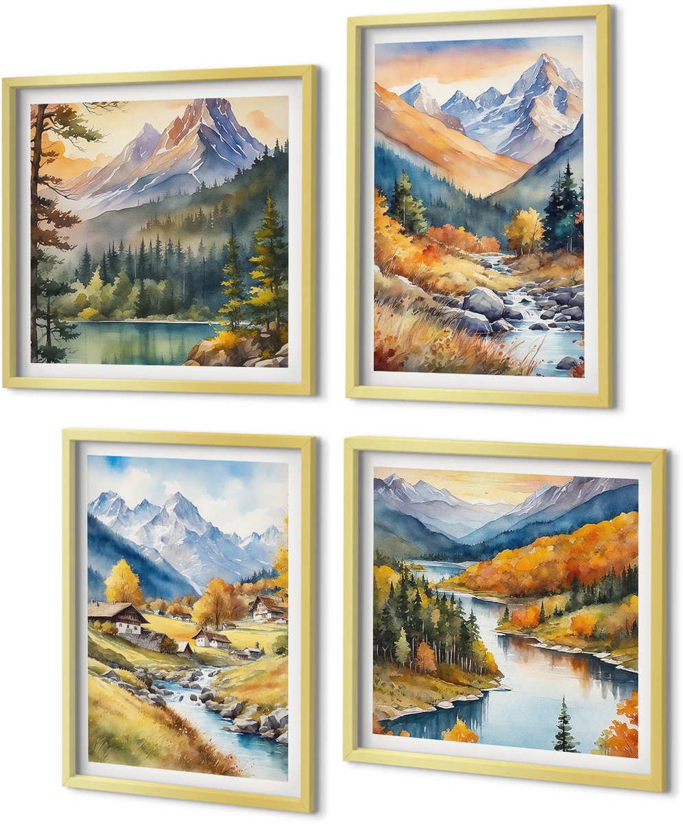 Coloray 4-Delige Schilderij Set - Berglandschap met een rivier en huisjes in herfstkleuren. - 40 x 40 cm en 40 x 60 cm - Wanddecoratie - Schilderijen Set - Interieur - Decoratieve Schilderijen