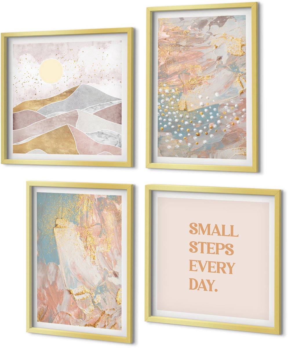 Coloray 4-Delige Schilderij Set - Abstracte patronen in pastelkleuren en textuur - 40 x 40 cm en 40 x 60 cm - Decoratieve Muurdecoratie - Slaapkamer - Interieur Decoratie