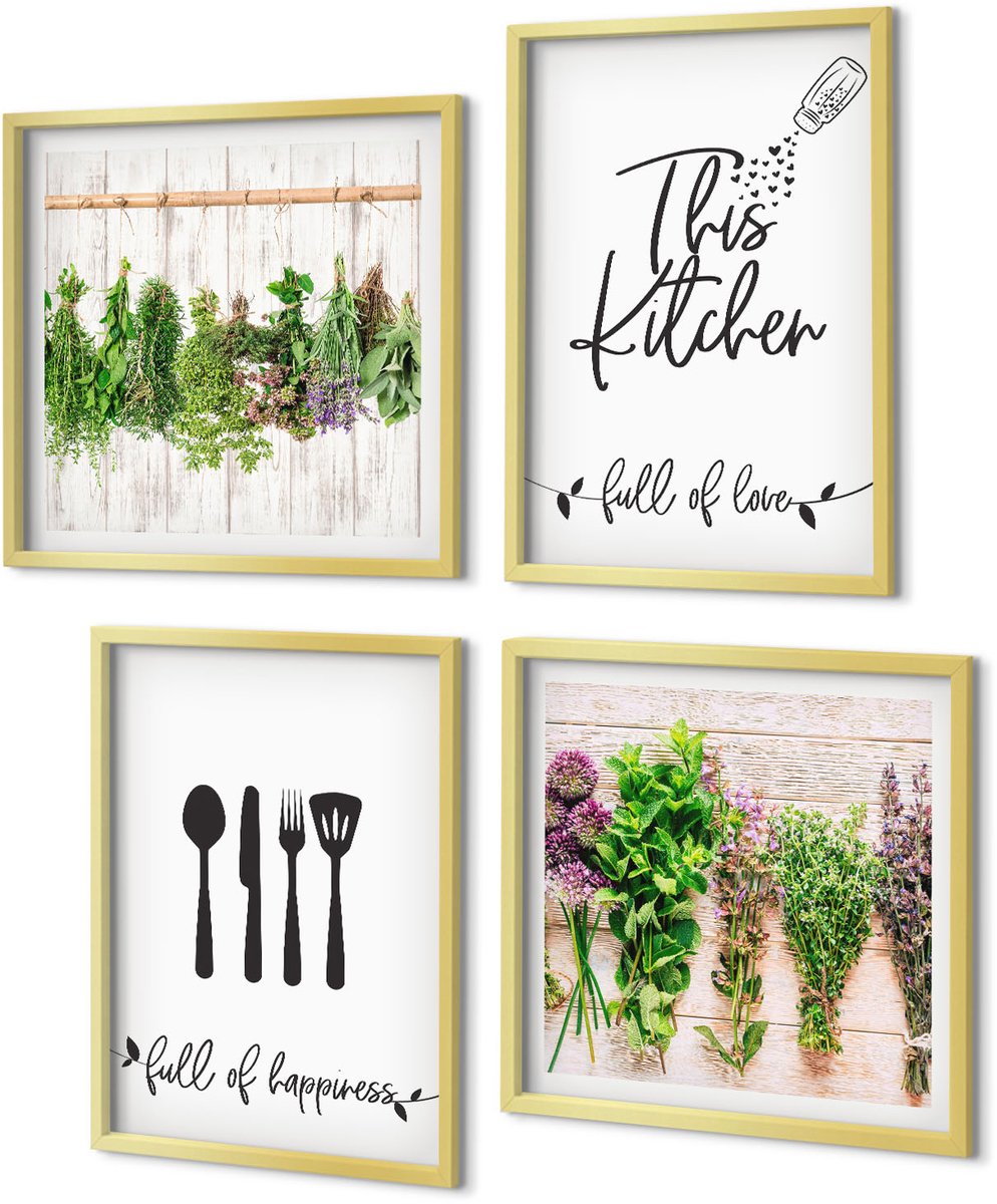 Coloray 4-Delige Schilderij Set - Keukenbordjes Gedroogde kruiden en planten - 40 x 40 cm en 40 x 60 cm - Moderne Wanddecoratie - Slaapkamer - Stijlvolle Muurdecoratie