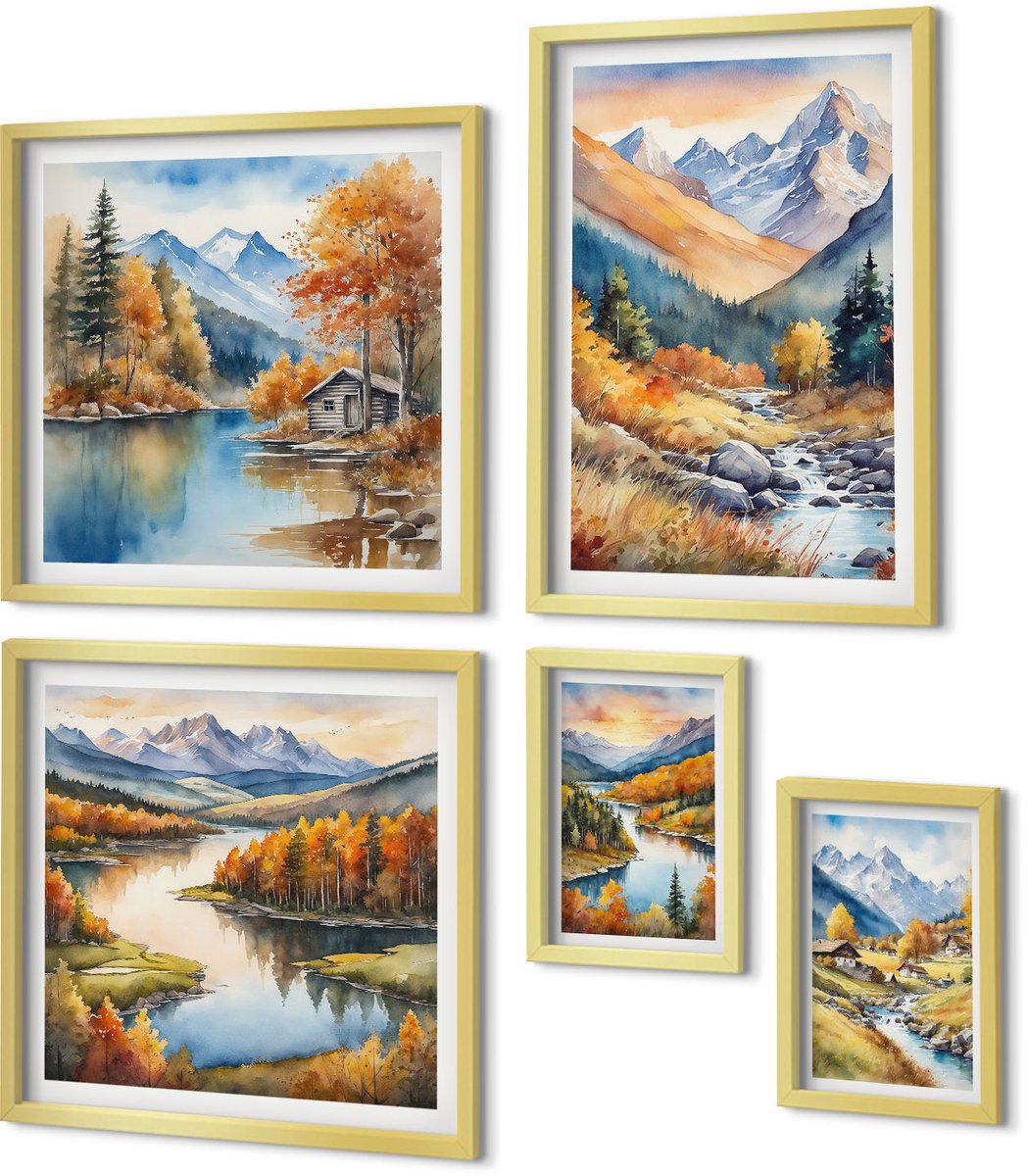 Coloray 5-Delige Schilderij Set - Herfstachtige Berglandschappen Met Rivieren En Huisjes In Het Bos. - 50 x 50 cm, 20 x 30 cm En 40 x 60 cm - Decoratieve Schilderijen - Wanddecoratie - Hal - Stijlvolle Muurdecoratie