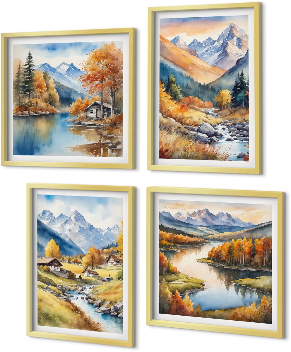 Coloray 4-Delige Schilderij Set - Herfstlandschappen in een pittoreske stijl - 40 x 40 cm en 40 x 60 cm - Muurdecoratie - Decoratieve Schilderijen - Wohnzimmer - Wanddecoratie