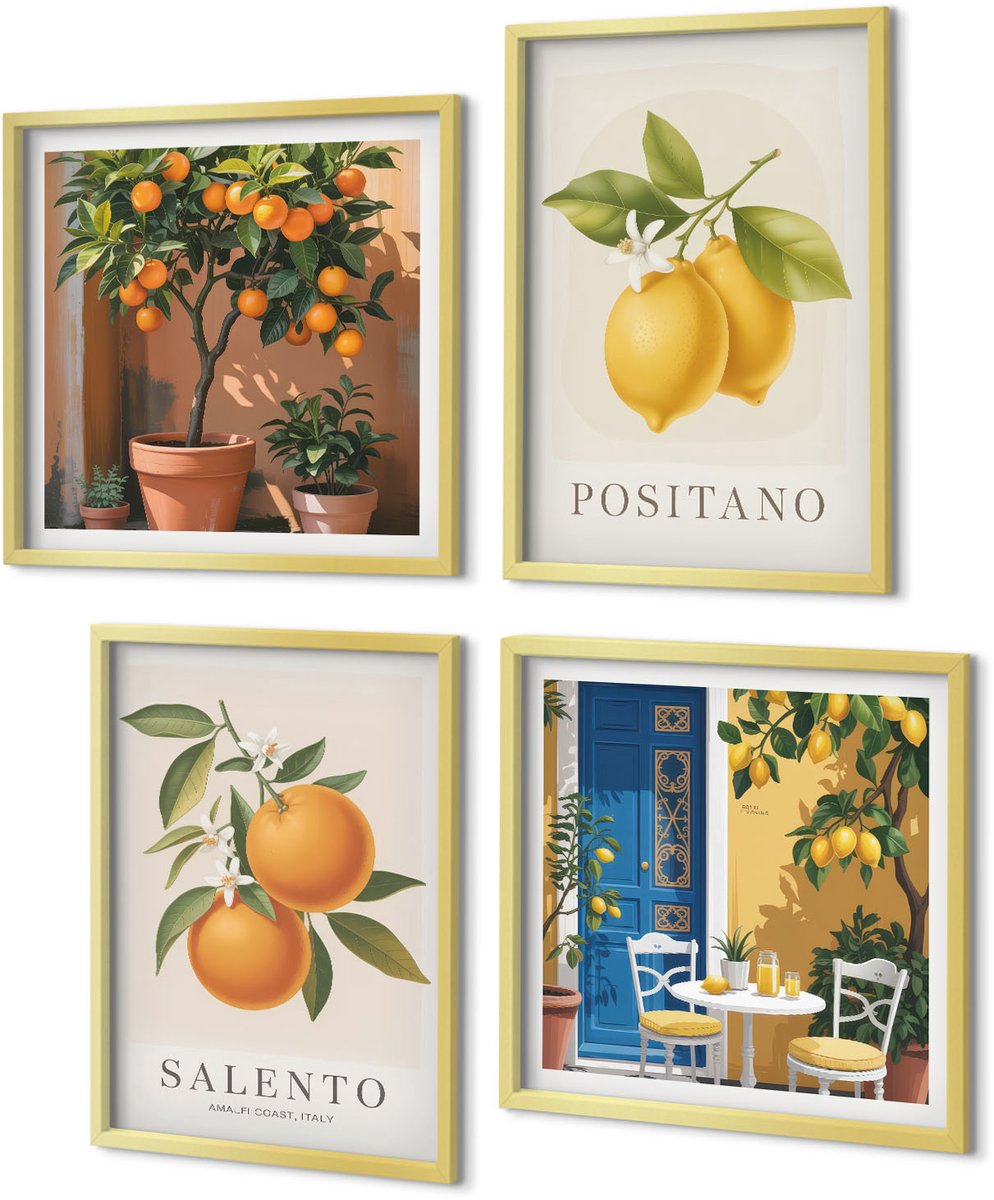 Coloray 4-Delige Schilderij Set - Citroenen Sinaasappelen Italiaanse Amalfikust Stad - 40 x 40 cm en 40 x 60 cm - Stijlvolle Wanddecoratie - Interieur - Decoratieve Schilderijen