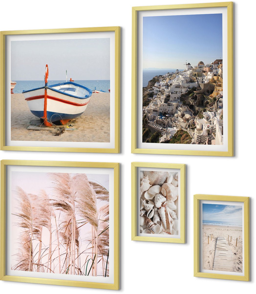Coloray 5-Delige Schilderij Set - Kustlandschappen Met Stranden En Witte Gebouwen - 50 x 50 cm, 20 x 30 cm En 40 x 60 cm - Decoratieve Muurdecoratie - Slaapkamer - Woonkamer Decoratie