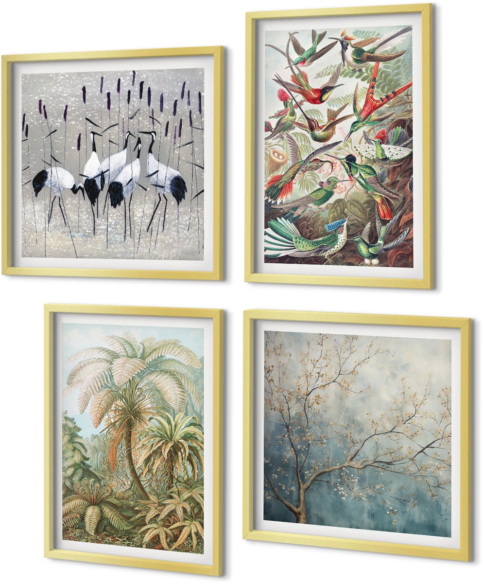 Coloray 4-Delige Schilderij Set - Tropische planten en kleurrijke vogels in de natuur - 40 x 40 cm en 40 x 60 cm - Schilderijen Set - Wanddecoratie - Woonkamer - Moderne Wanddecoratie