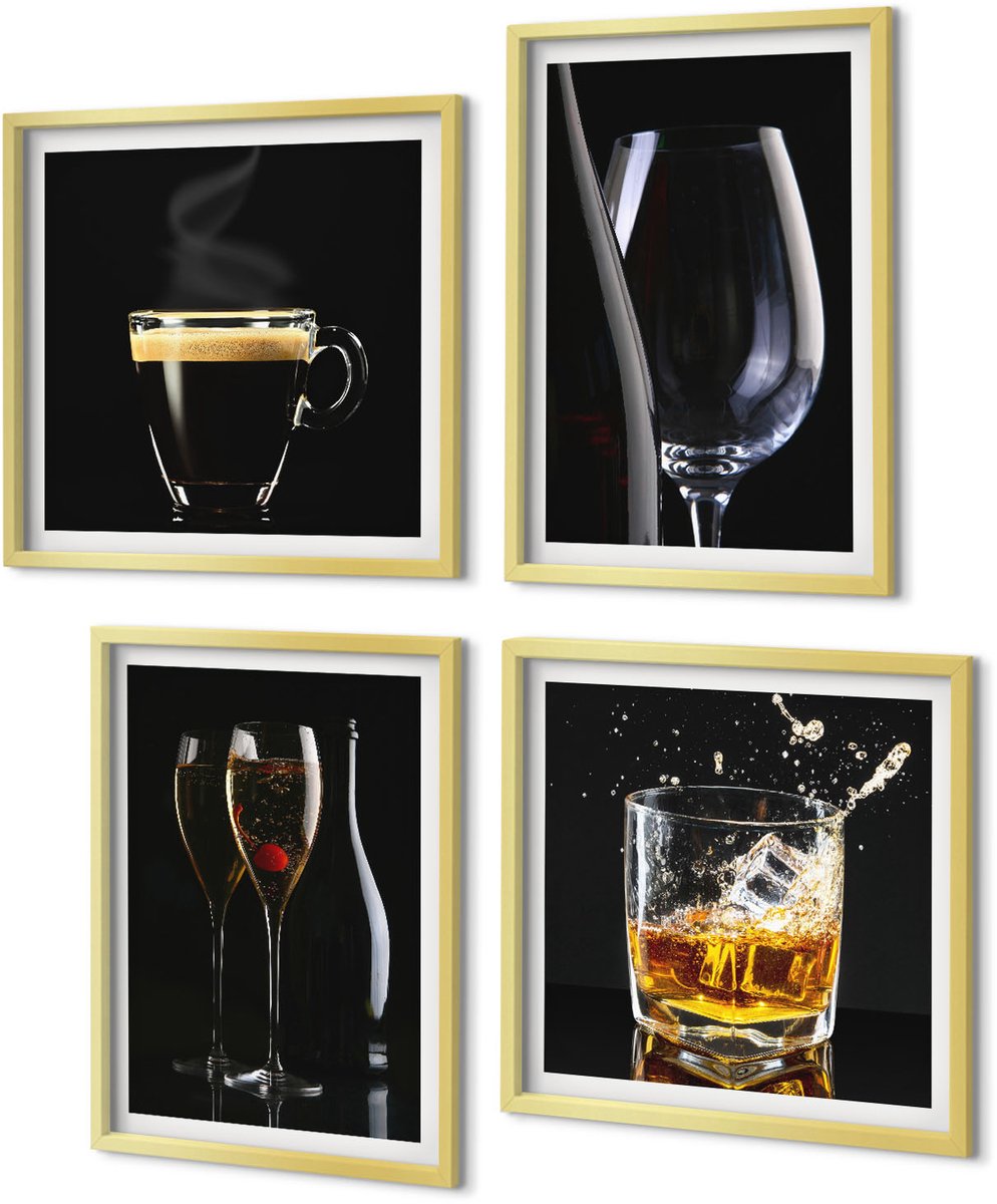 Coloray 4-Delige Schilderij Set - Whisky Wijn Champagne Koffie Dranken Alcohol - 40 x 40 cm en 40 x 60 cm - Muurdecoratie - Wanddecoratie - Hal