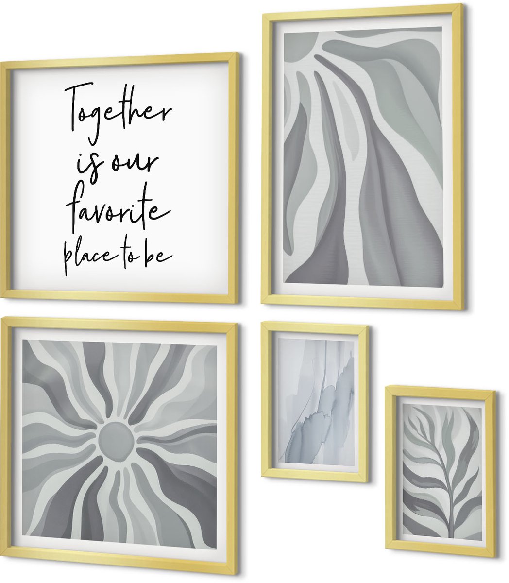 Coloray 5-Delige Schilderij Set - Abstracte Patronen In Grijstinten En Wit - 50 x 50 cm, 20 x 30 cm En 40 x 60 cm - Moderne Wanddecoratie - Slaapkamer - Muurdecoratie
