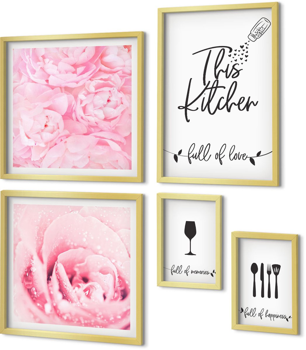 Coloray 5-Delige Schilderij Set - Keukeninspiratie Met Rozen En Culinaire Accessoires - 50 x 50 cm, 20 x 30 cm En 40 x 60 cm - Decoratieve Schilderijen - Woonkamer - Interieur - Muurdecoratie