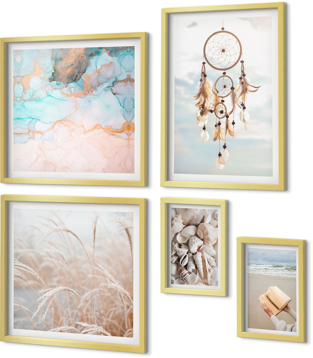 Coloray 5-Delige Schilderij Set - Boho-Stijl: Dromen Van Strand En Natuur In Delicate Tinten. - 50 x 50 cm, 20 x 30 cm En 40 x 60 cm - Wanddecoratie - Schilderijen Set - Interieur - Decoratieve Schilderijen
