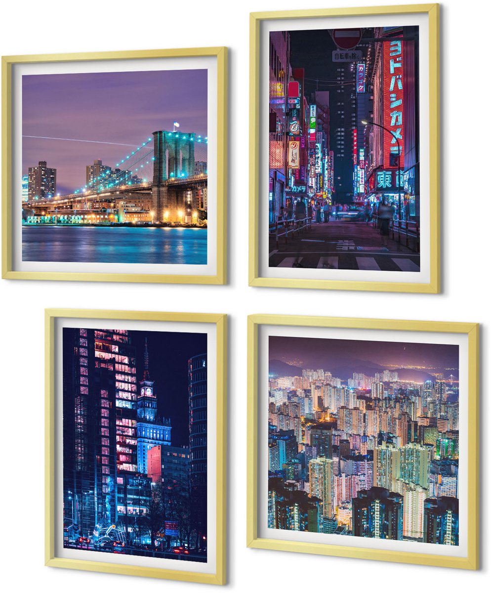 Coloray 4-Delige Schilderij Set - Nachtelijke stadsgezichten met neonlichten - 40 x 40 cm en 40 x 60 cm - Stijlvolle Muurdecoratie - Slaapkamer - Decoratieve Schilderijen