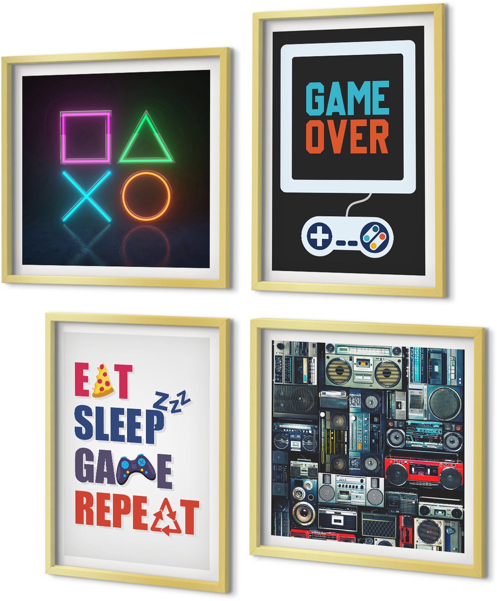 Coloray 4-Delige Schilderij Set - Ondertitels voor gamers met een entertainmentthema - 40 x 40 cm en 40 x 60 cm - Stijlvolle Wanddecoratie - Interieur - Woonkamer Decoratie
