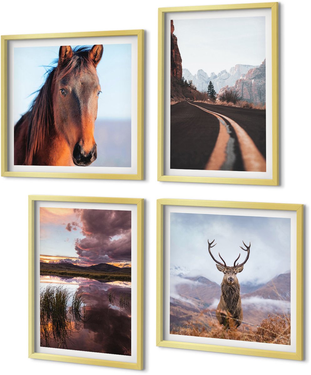 Coloray 4-Delige Schilderij Set - Berglandschap met rendieren, paarden en een weg - 40 x 40 cm en 40 x 60 cm - Wanddecoratie - Muurdecoratie - Woonkamer - Interieur Decoratie