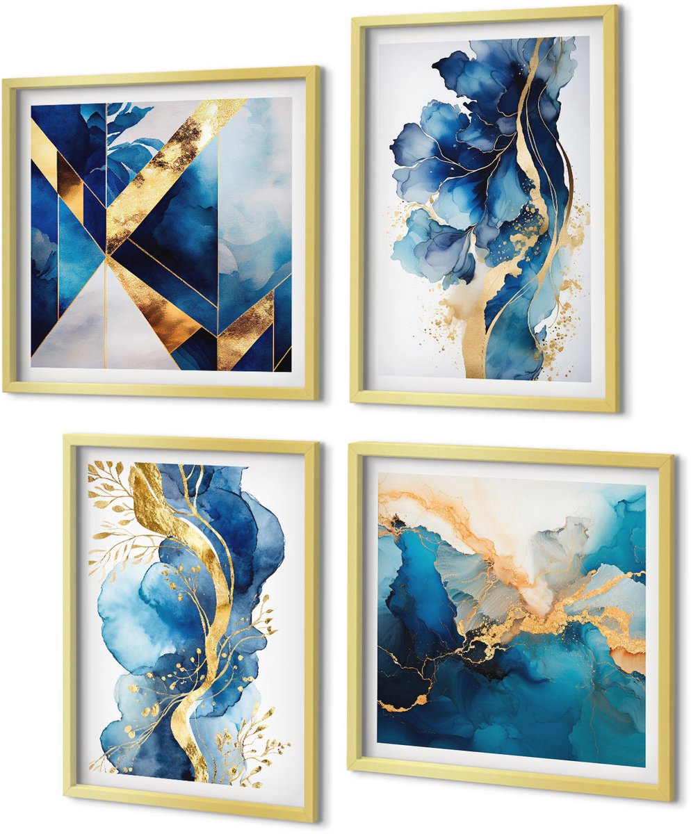 Coloray 4-Delige Schilderij Set - Blauwe abstracte patronen met subtiele accenten - 40 x 40 cm en 40 x 60 cm - Wanddecoratie - Muurdecoratie - Moderne Interieurdecoratie
