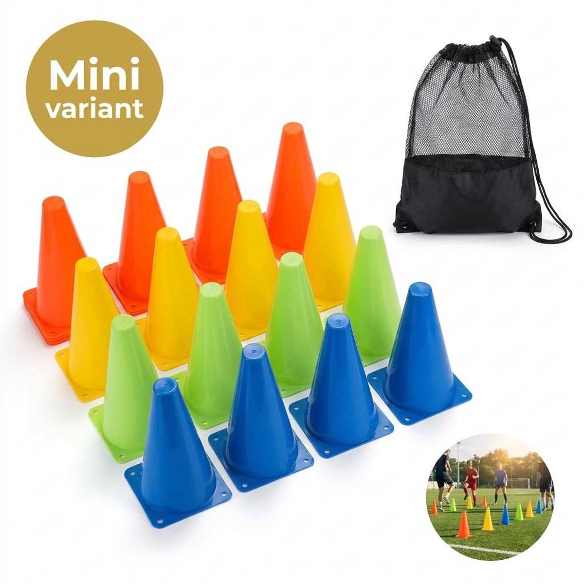 DIVERZA Trainingskegels Set 12 Stuks – Sport Kegels – Verkeerskegels – Pionnen voor Training – Inclusief Opbergnet – Multicolor – Mini variant