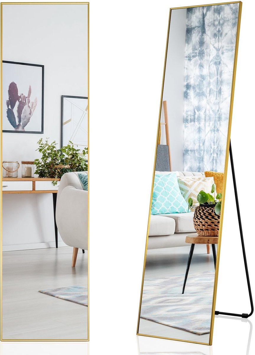 Famanu 2-in-1 staande spiegel, 160 x 40 cm, full-body spiegel met metalen frame, ideaal voor woonkamer, hal, slaapkamer en garderobe Goud