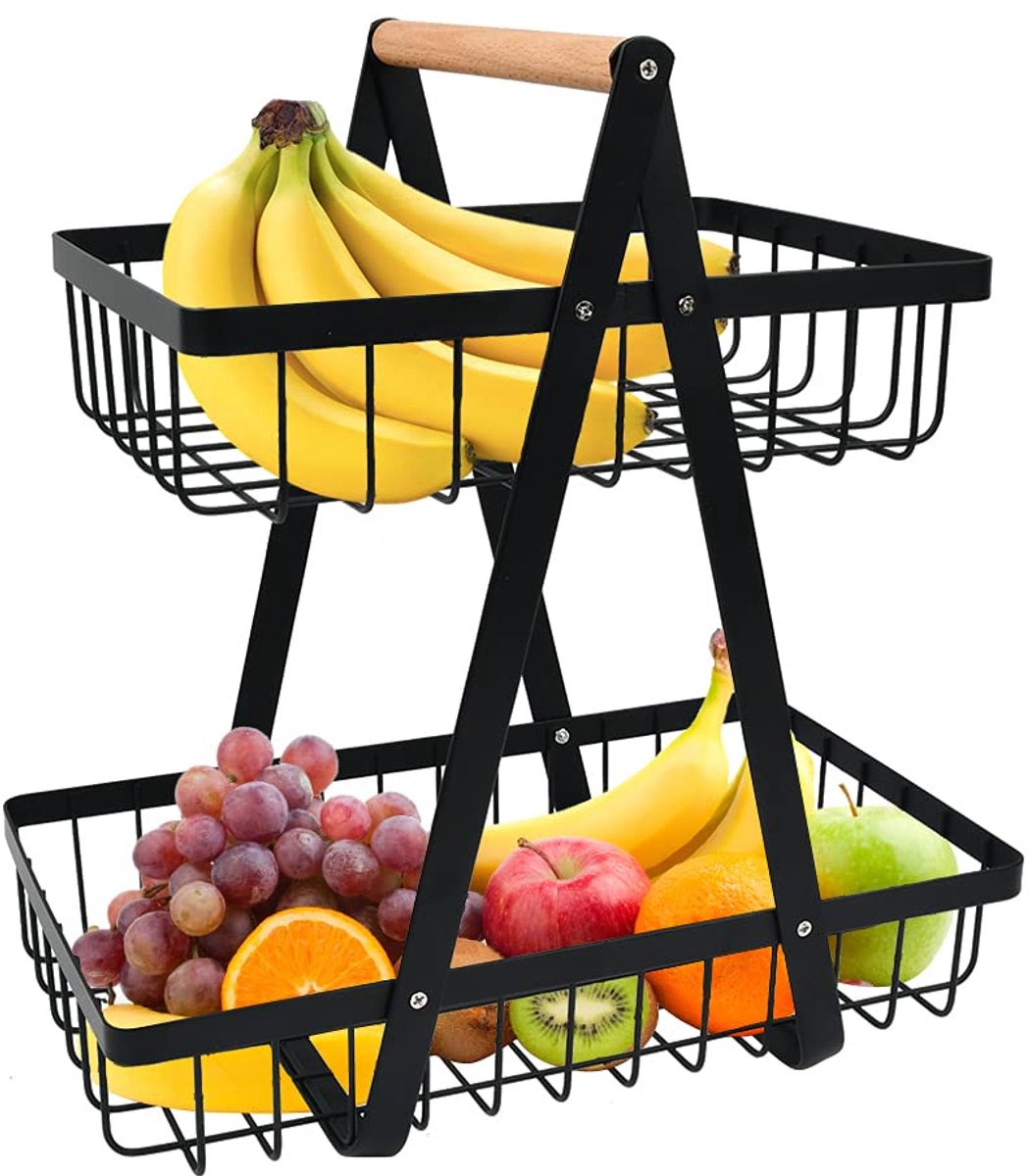 Famanu – Etagère voor fruit, 2 verdiepingen met houten greep en zwarte metalen schalen