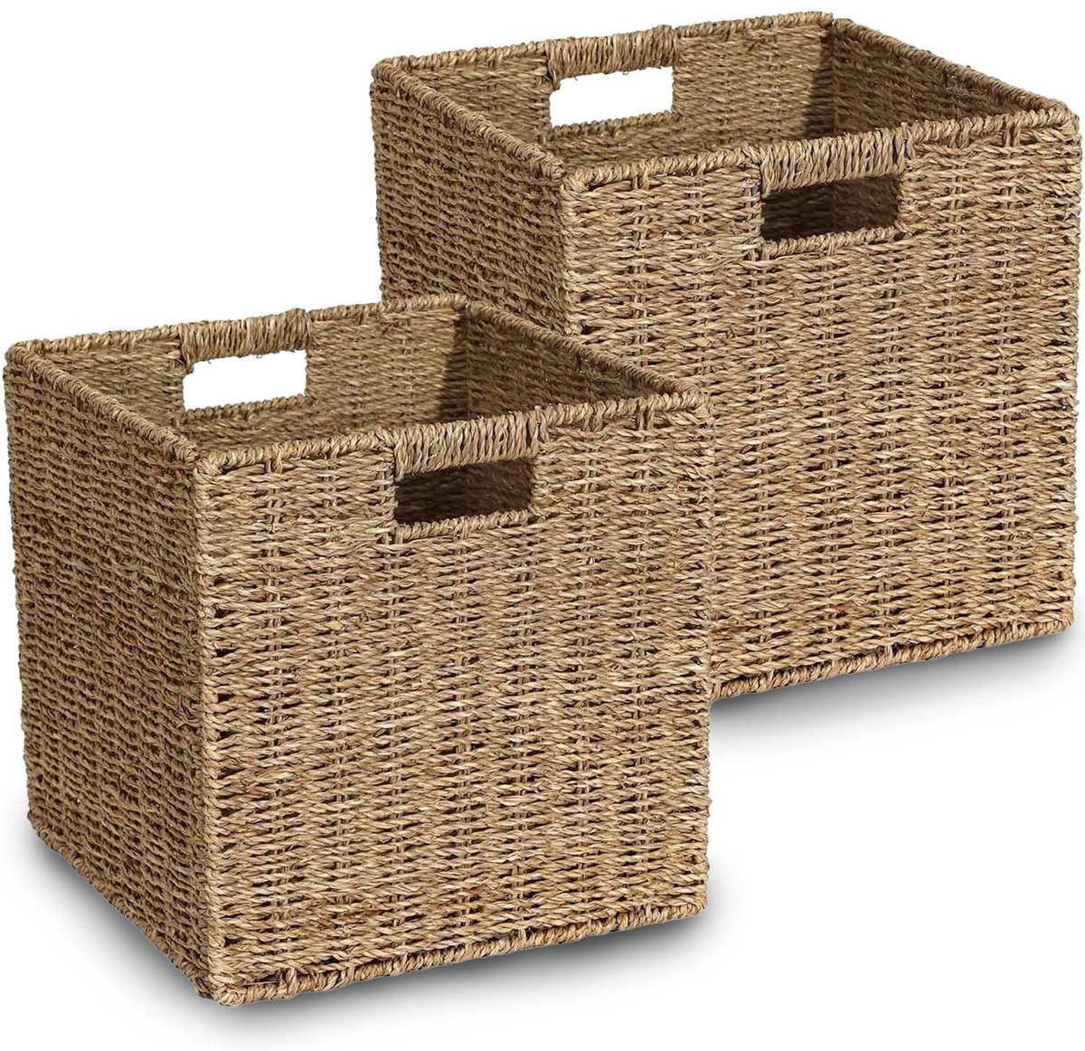 Famanu – Set van 2 opbergmanden van zeegras, opvouwbare mand met verdikte handgrepen, grote rieten opbergmanden voor Kallax, badkamer en kantoor (30x30x30 cm