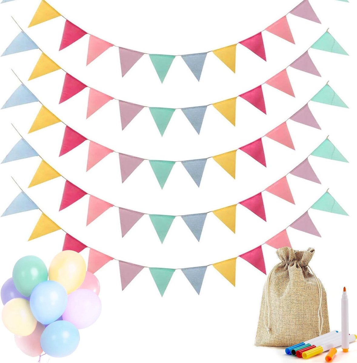 Dusor Outdoor Pennant Necklace 5 Pieces 60 Pieces Pennant Garland + 18 Pieces Colorful Balloons, Lmitation Linen - ShopVlot