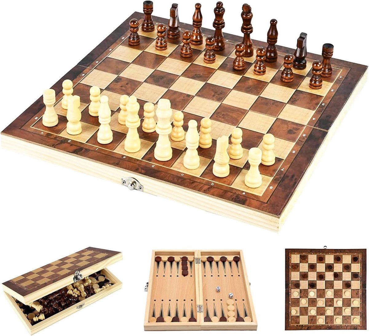 Schaakstenen - Wit - 24 x 24 cm - Houten Opvouwbaar Schaakbord - Voor Familie en Reizen