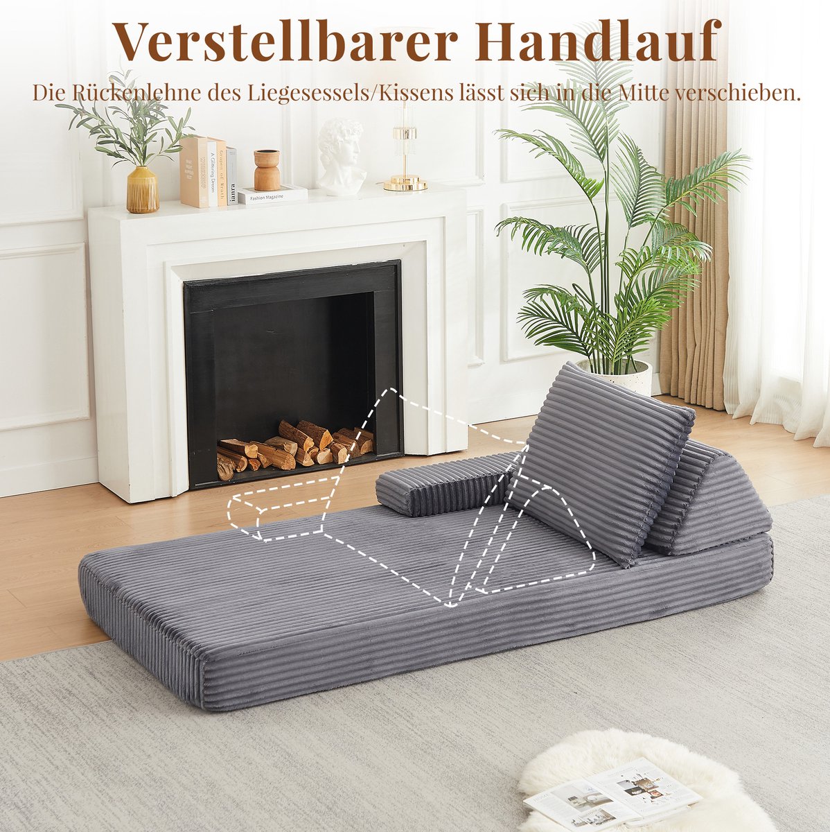 HAUSS SPOLE Bank - Modulaire Slaapbank - Verstelbare Armleuningen En Driehoekige Rugleuning - Voor Woonkamer En Logeerkamer - Corduroy Grijs