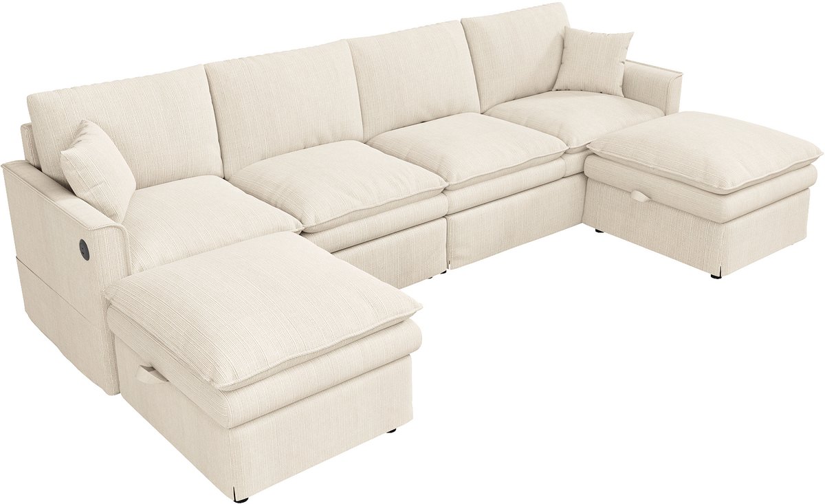 HAUSS SPOLE Hoekbank U Bank Modulaire 6 Zits Met Verplaatsbare Hockers Met Opbergruimte En Kussens Voor Woonkamer Beige Katoen Linnen