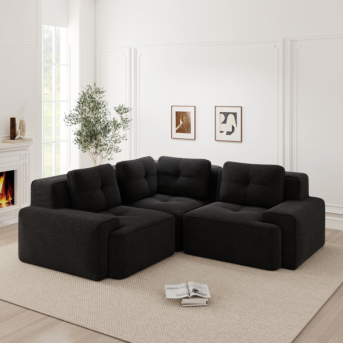 Frameloze modulaire bank - Voor woonkamer en kantoor, diepe zit - 3-4 persoons - Zwart - Zachte corduroy stof en 74 cm zitdiepte - Geen montage, antislip - 32D hoge dichtheid schuim